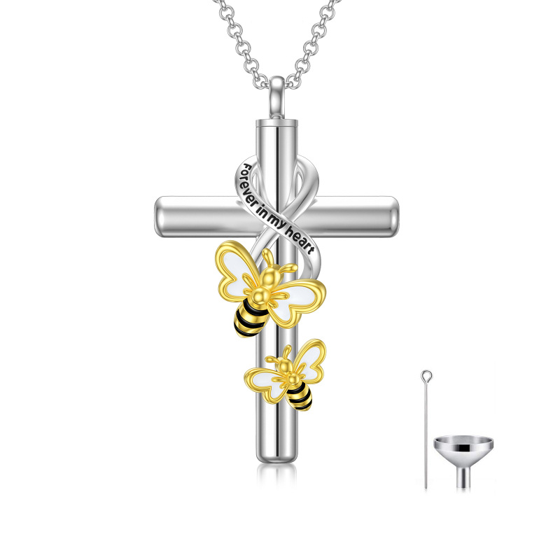 Sterling Silver Two-Tone Bee With Cross With Infinity Symbol Urn Necklace For Ashes With Engraved Word For Women Best Friend-1