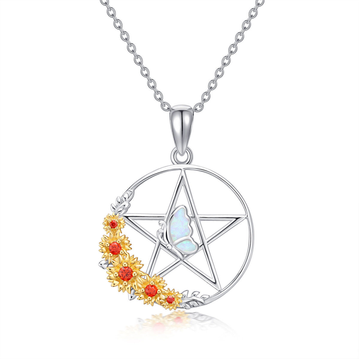 Sterling Silver Two-Tone Opal Butterfly With Sunflower With Pentagram Pendant Necklace For Women-1