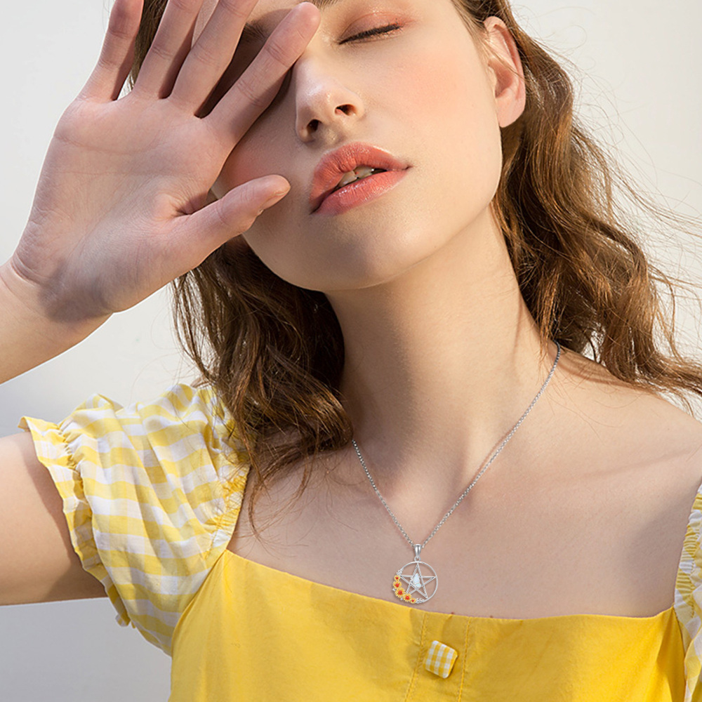Collana da donna con farfalla opale bicolore in argento sterling con girasole con pendente a pentagramma-2