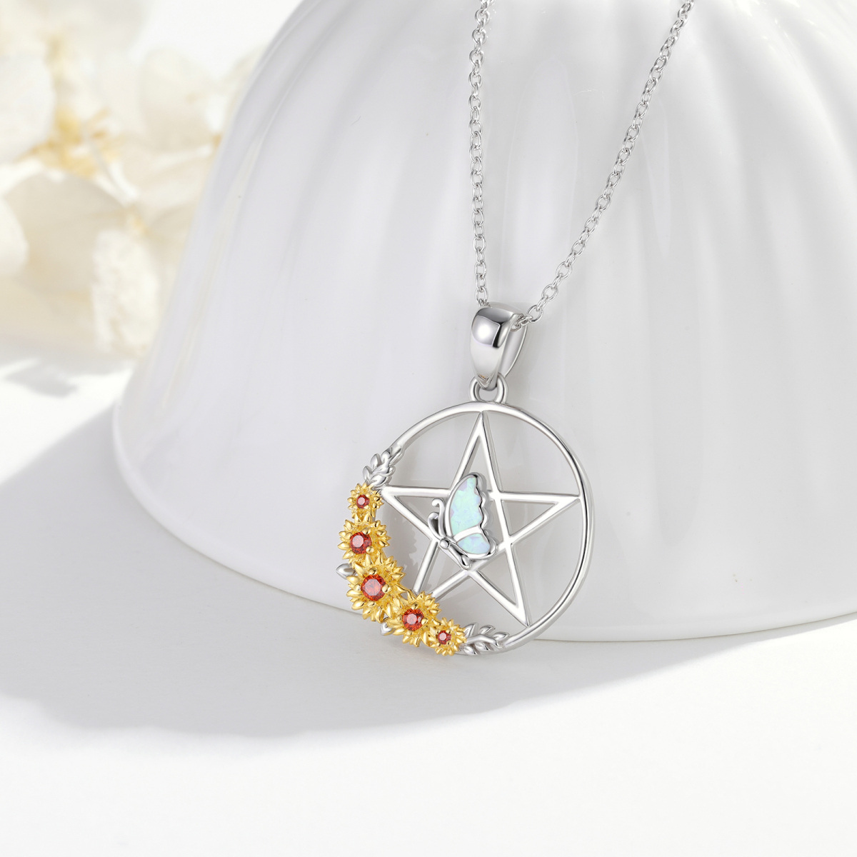 Sterling Silver Two-Tone Opal Butterfly With Sunflower With Pentagram Pendant Necklace For Women-3