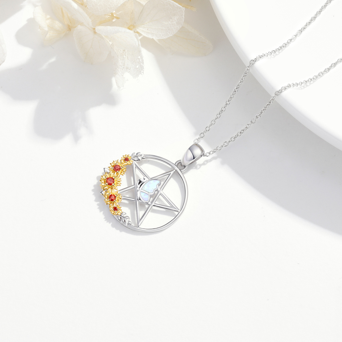 Sterling Silver Two-Tone Opal Butterfly With Sunflower With Pentagram Pendant Necklace For Women-4