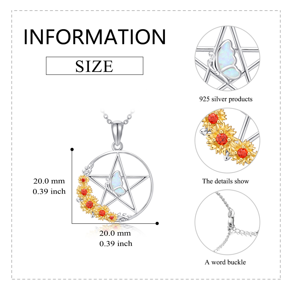 Sterling Silver Two-Tone Opal Butterfly With Sunflower With Pentagram Pendant Necklace For Women-5