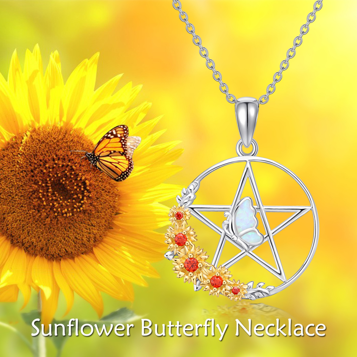 Sterling Silver Two-Tone Opal Butterfly With Sunflower With Pentagram Pendant Necklace For Women-6