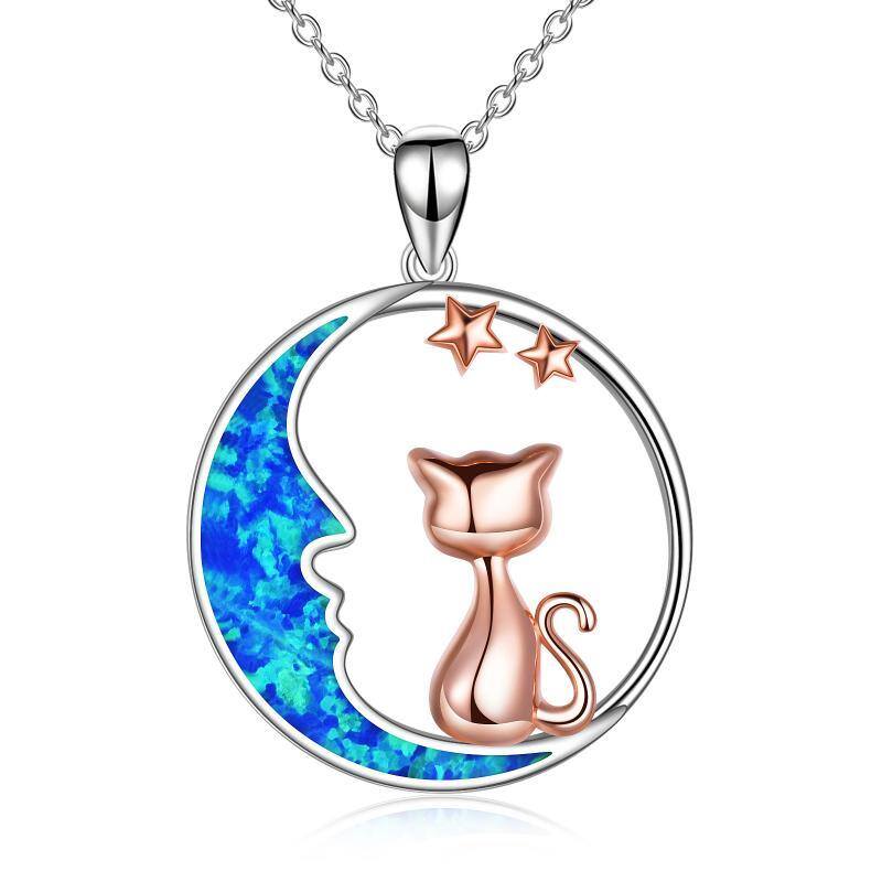 Collar de plata de ley con colgante de gato y luna de ópalo en dos tonos-1