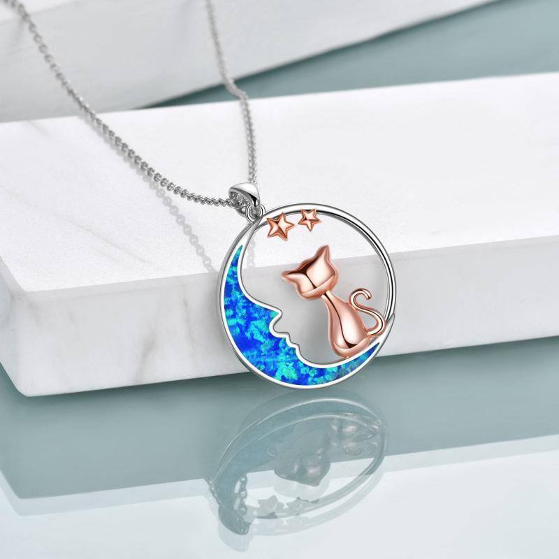 Sterling Silver Two-tone Opal Cat & Moon Pendant Necklace-3