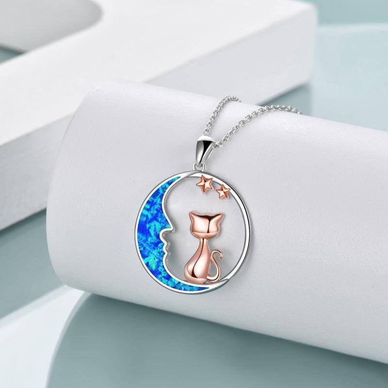 Sterling Silver Two-tone Opal Cat & Moon Pendant Necklace-4