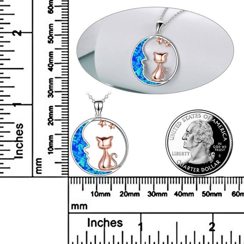 Sterling Silver Two-tone Opal Cat & Moon Pendant Necklace-5