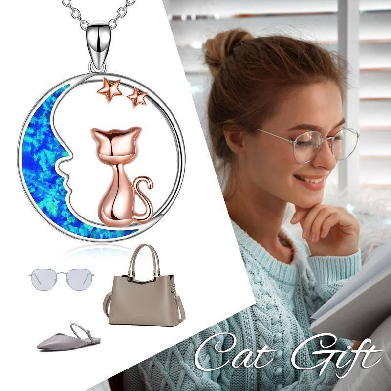 Collana con ciondolo a forma di gatto e luna in argento sterling bicolore opale-6