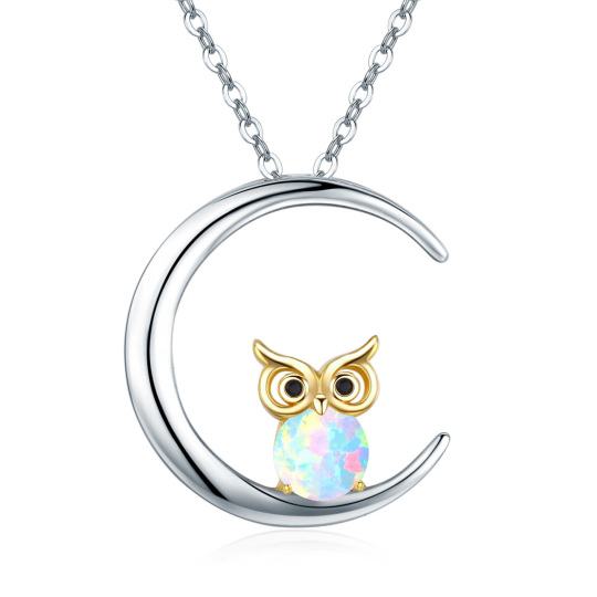 Sterling Silver Two-tone Opal Owl & Moon Pendant Necklace