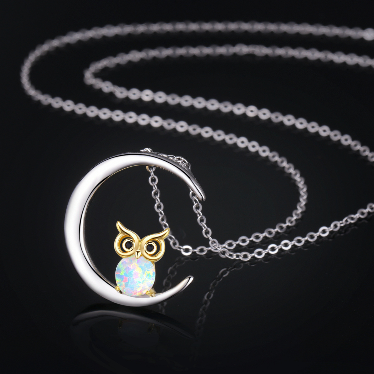 Sterling Silver Two-tone Opal Owl & Moon Pendant Necklace-3