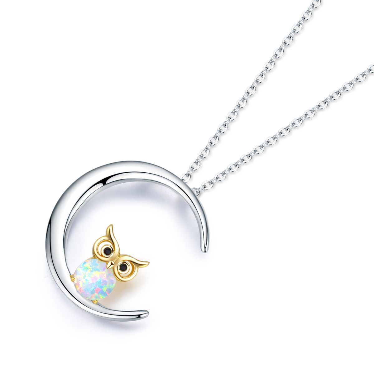 Sterling Silver Two-tone Opal Owl & Moon Pendant Necklace-4