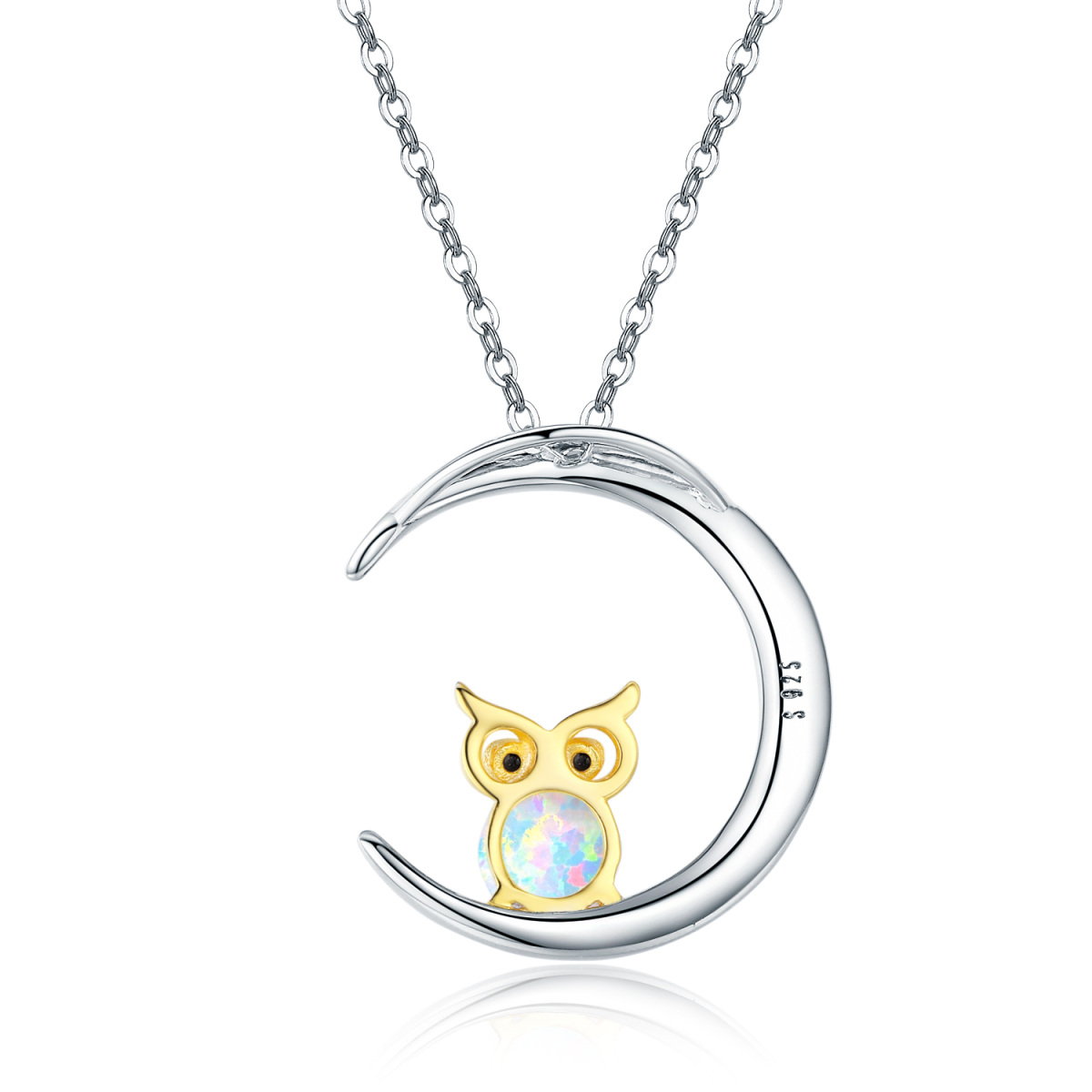 Collier en argent sterling avec pendentif hibou et lune en opale bicolore-5