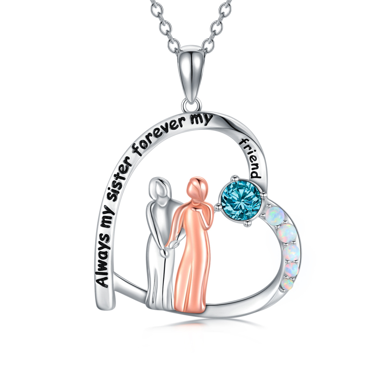 Sterling Silver Two-tone Cubic Zirconia & Opal Sisters Heart Pendant Necklace with Engraved Word-1