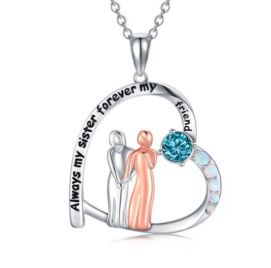 Sterling Zilveren Tweekleurige Cubic Zirconia Opaal Sisters Hart Hanger Ketting met Gegraveerd Woord