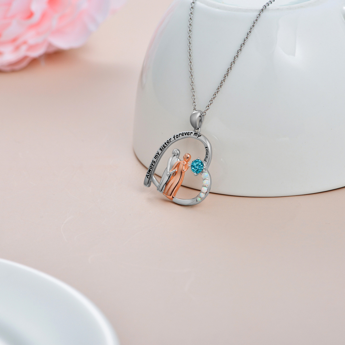 Sterling Silver Two-tone Cubic Zirconia & Opal Sisters Heart Pendant Necklace with Engraved Word-3