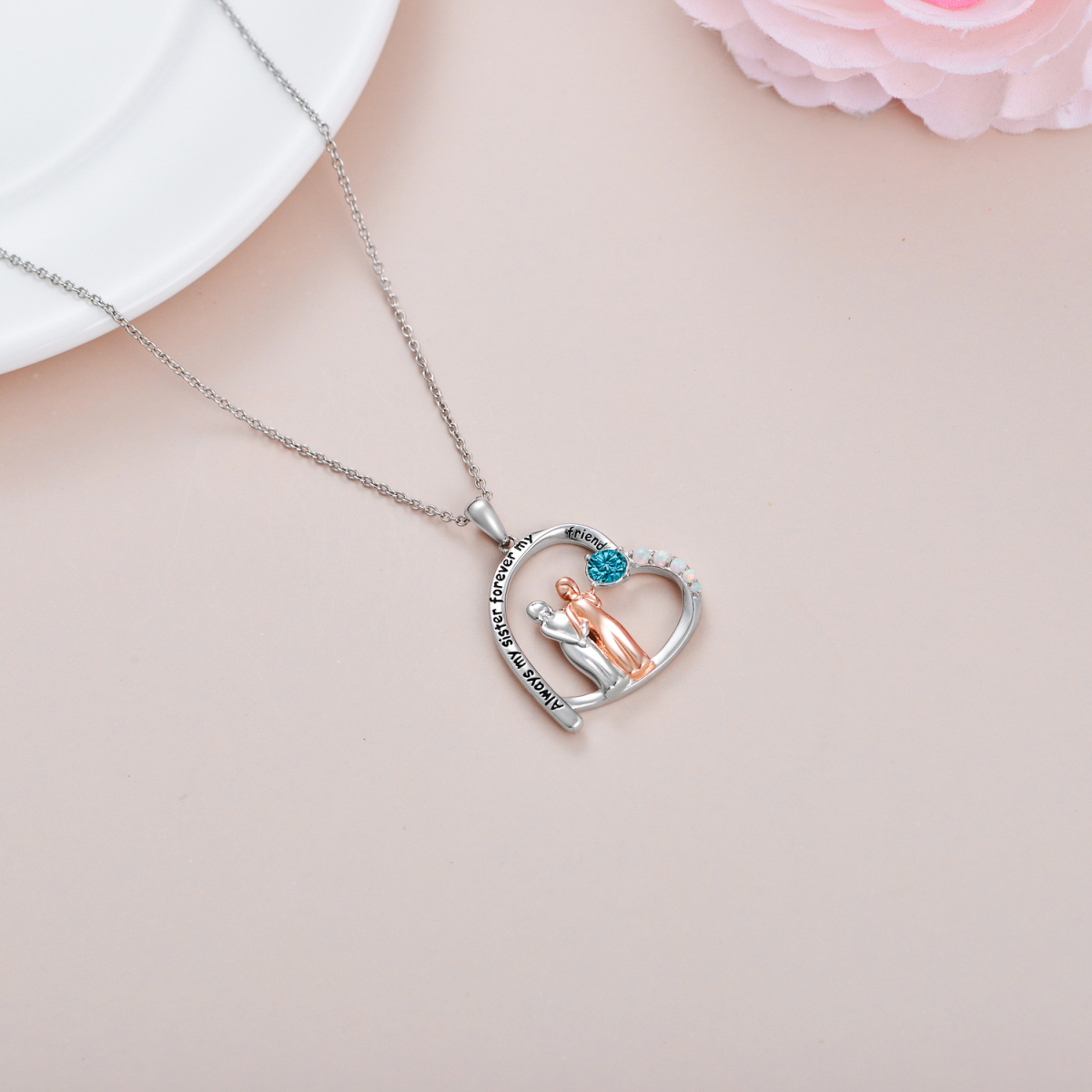 Sterling Silver Two-tone Cubic Zirconia & Opal Sisters Heart Pendant Necklace with Engraved Word-4