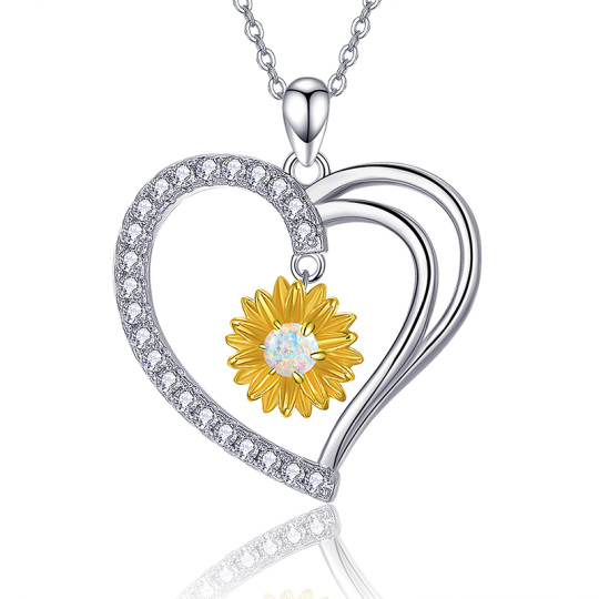 Sterling Silver Two-tone Opal Sunflower Pendant Necklace