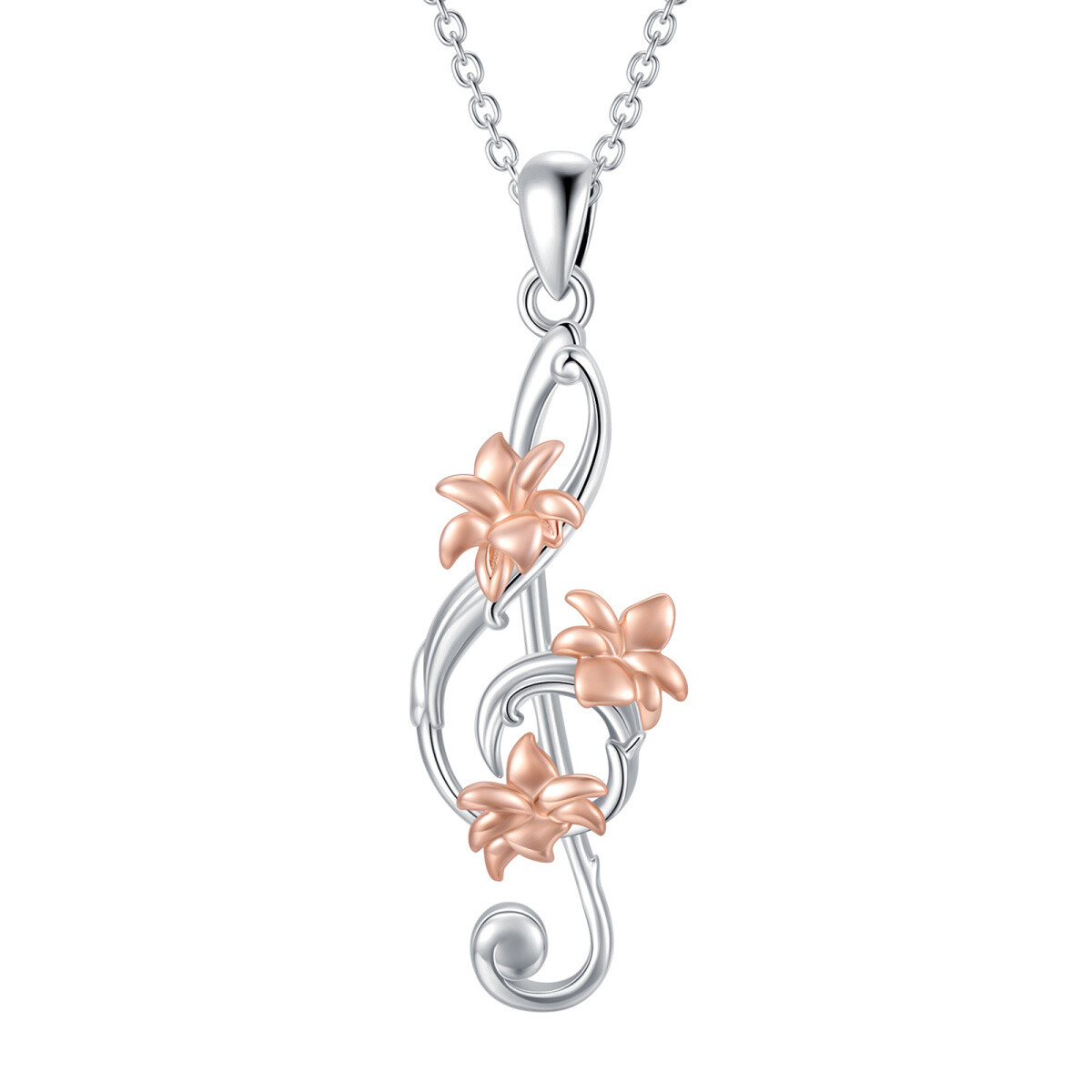 Collier en argent sterling à pendentif bicolore Orchidée et symbole de musique-1