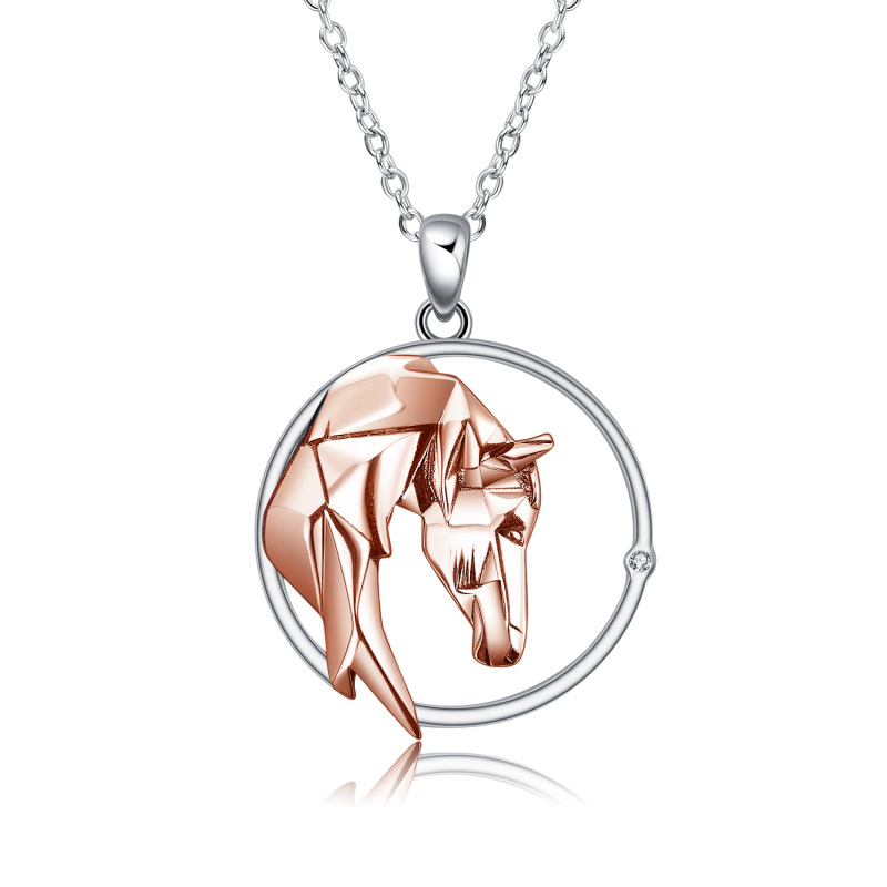 Sterling Silver Two-tone Origami Horse Circle Pendant Necklace-15