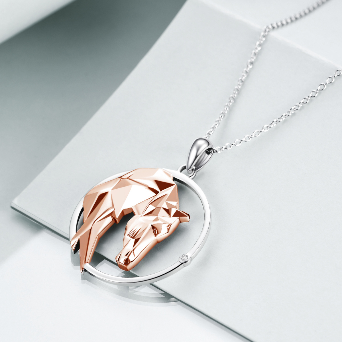 Sterling Silver Two-tone Origami Horse Circle Pendant Necklace-3