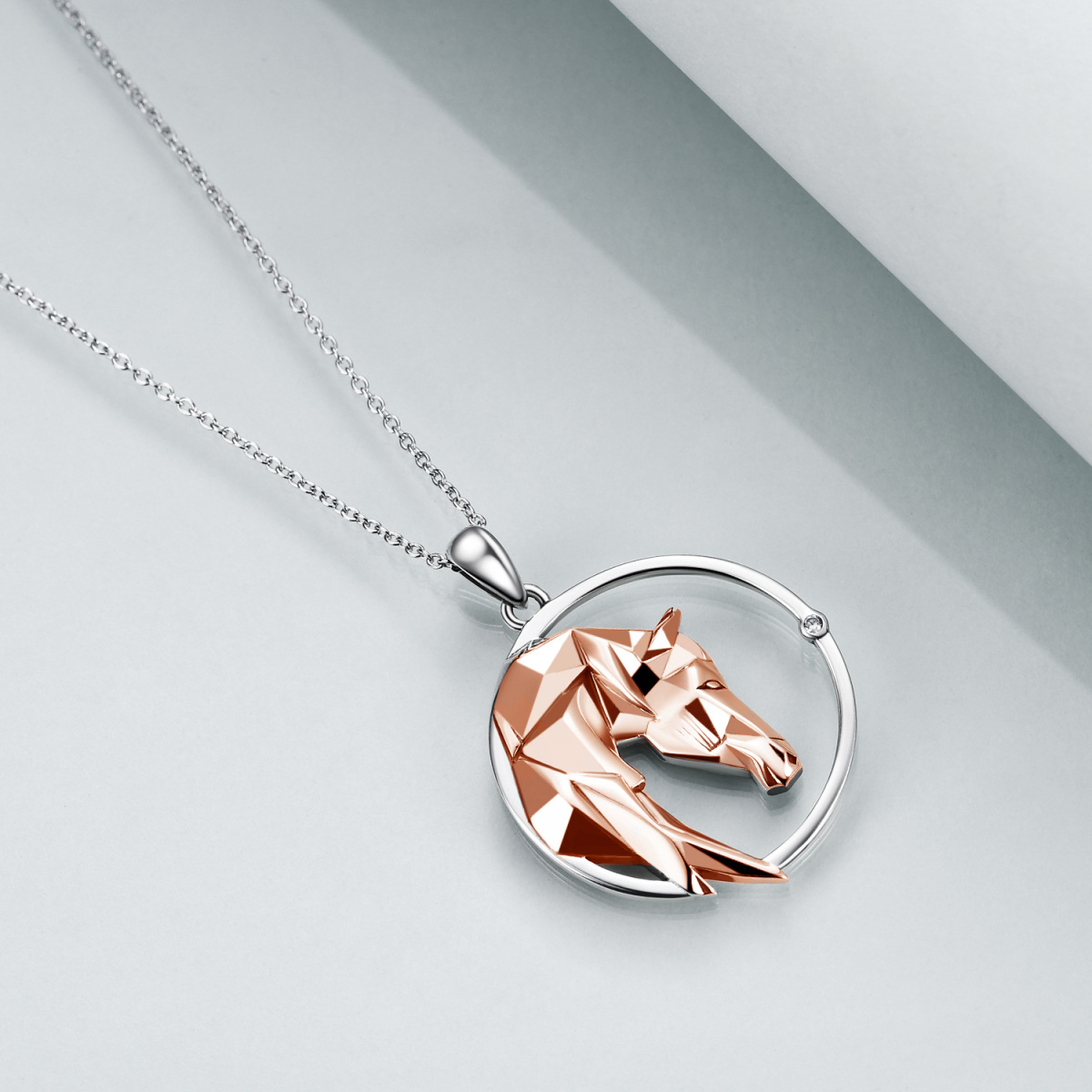 Sterling Silver Two-tone Origami Horse Circle Pendant Necklace-4