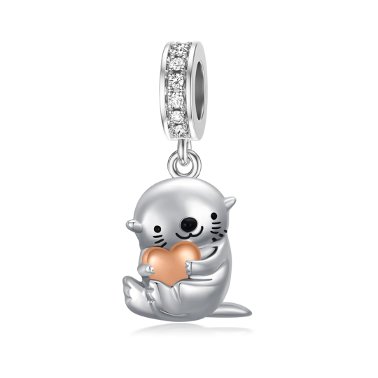 Sterling Silver Two-tone Cubic Zirconia Otter & Heart Dangle Charm for Bracelet