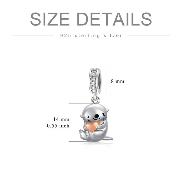 Sterling Silver Two-tone Cubic Zirconia Otter & Heart Dangle Charm for Bracelet-3