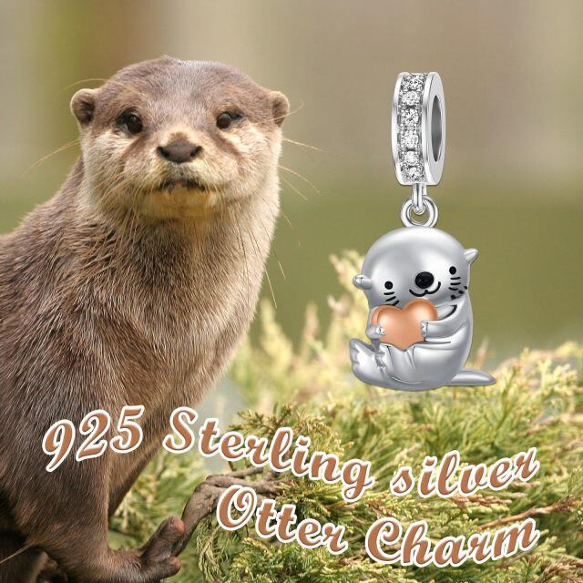 Charm colgante de corazón de nutria con circonita cúbica de dos tonos en plata esterlina para pulsera-4