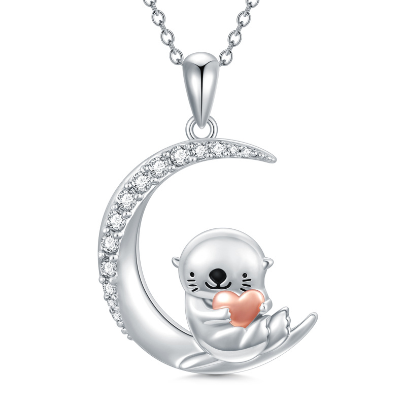 Sterling Silver Two-tone Cubic Zirconia Otter & Moon Pendant Necklace-17