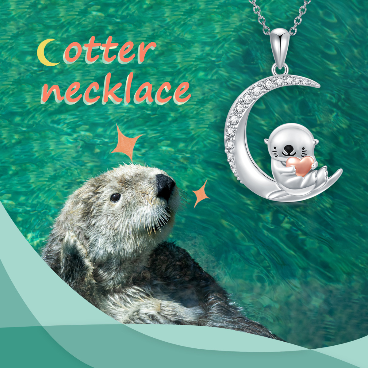 Collier en argent sterling avec pendentif loutre et lune en zircon cubique bicolore-3