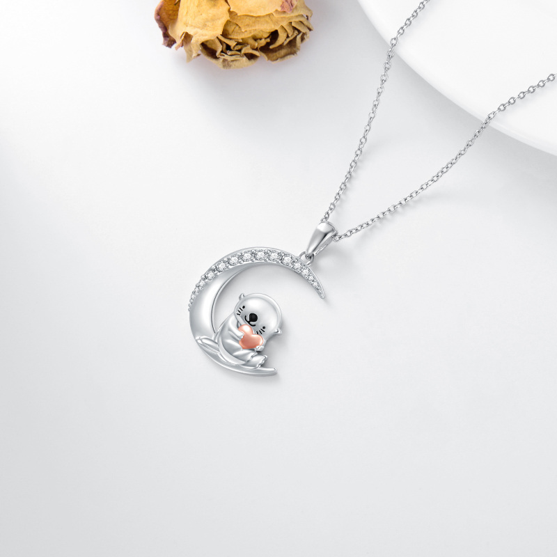 Sterling Silver Two-tone Cubic Zirconia Otter & Moon Pendant Necklace-5
