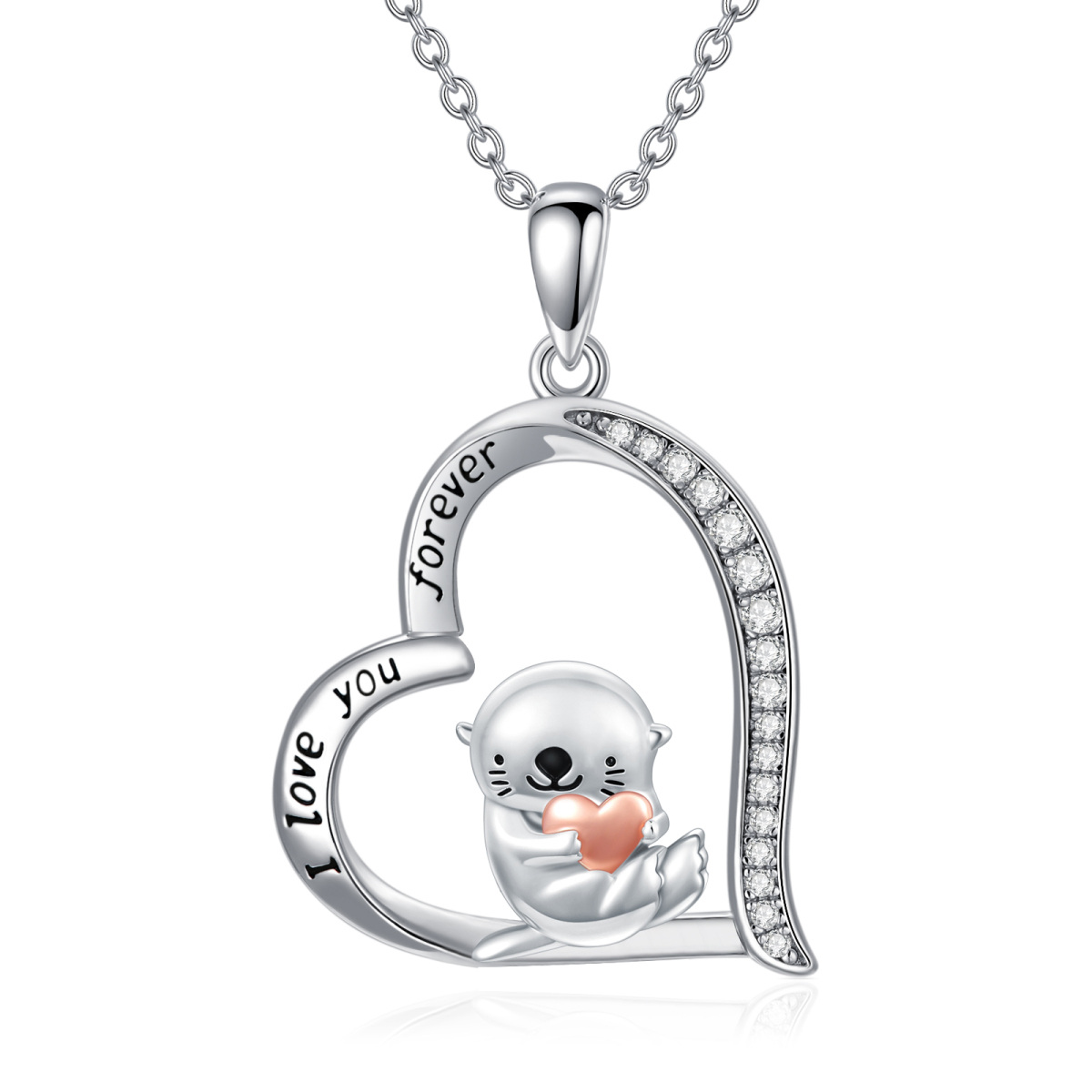 Sterling Silver Two-Tone Heart Cubic Zirconia Otter & Sea Otter Pendant Necklace With Engraved Word For Women Best Friends-1