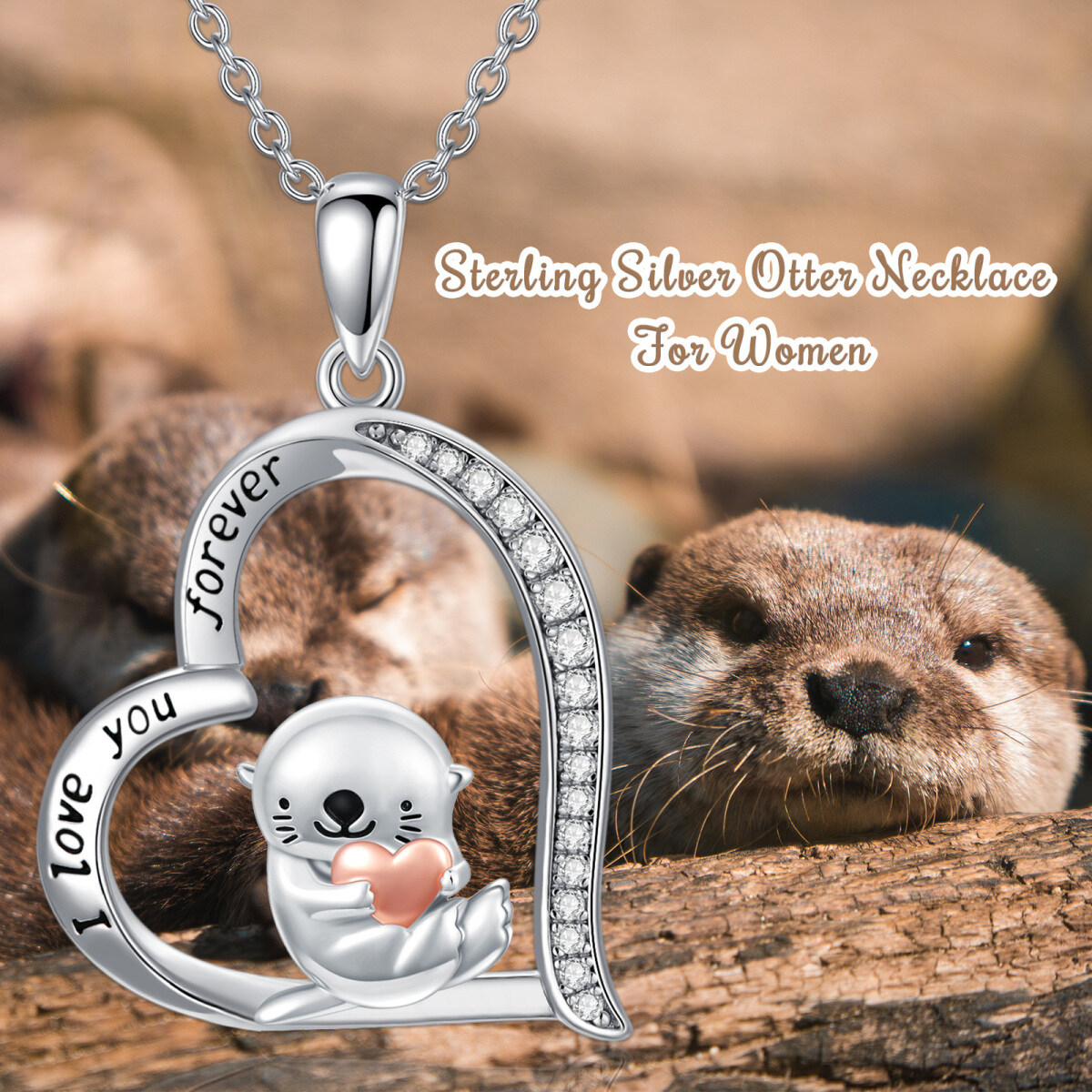 Sterling Silver Two-Tone Heart Cubic Zirconia Otter & Sea Otter Pendant Necklace With Engraved Word For Women Best Friends-3