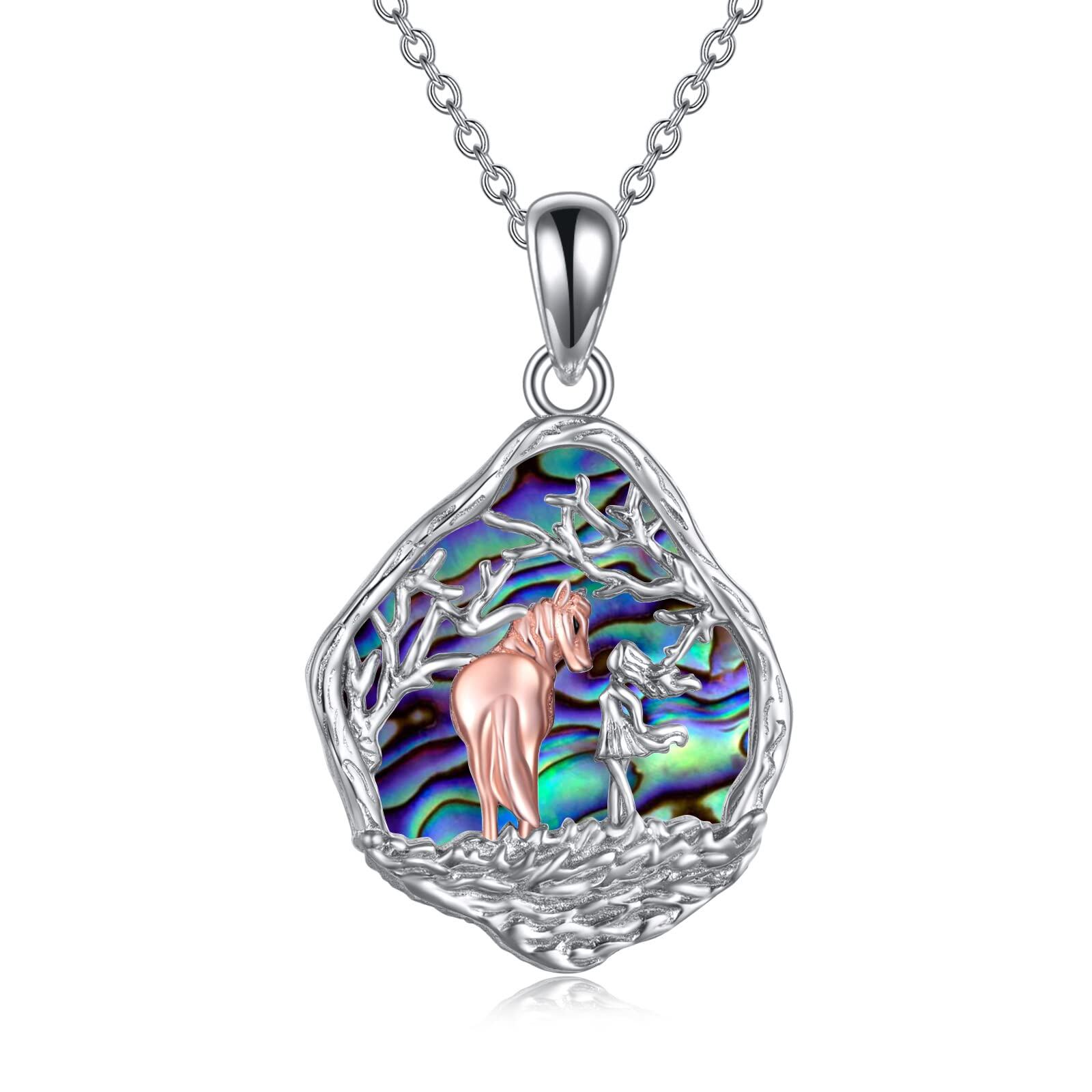 Image of Sterling Silver Two-tone Oval Shaped Abalone Shellfish Wolf Pendant Necklace