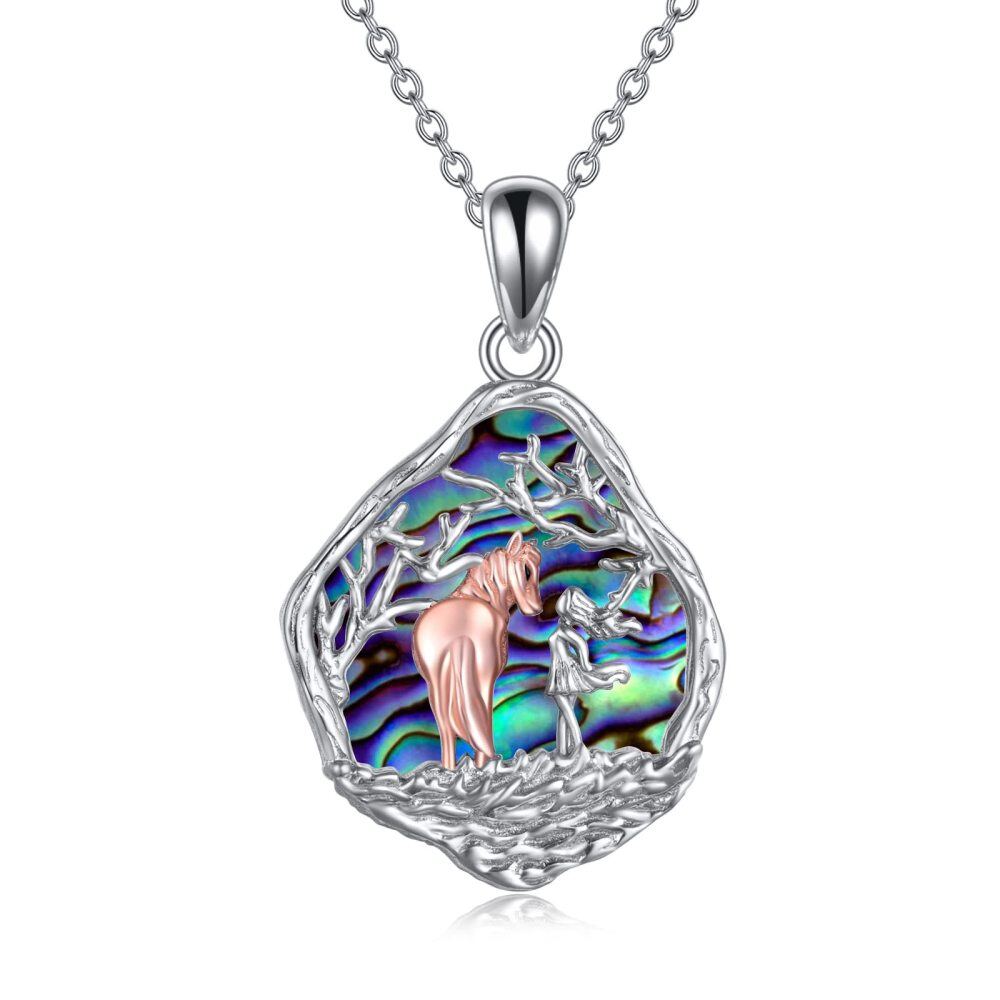 Collar de plata de ley con forma ovalada de abulón y marisco con colgante de lobo-1