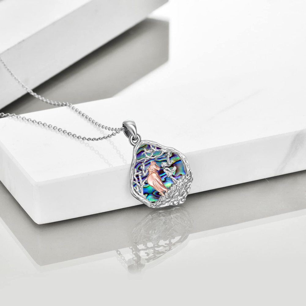 Collar de plata de ley con forma ovalada de abulón y marisco con colgante de lobo-3