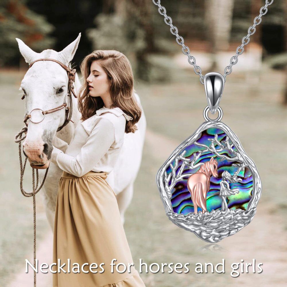 Collar de plata de ley con forma ovalada de abulón y marisco con colgante de lobo-4