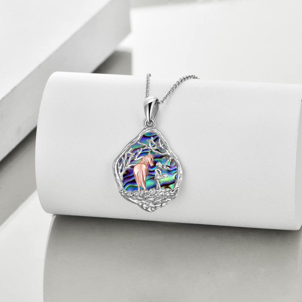 Collar de plata de ley con forma ovalada de abulón y marisco con colgante de lobo-6