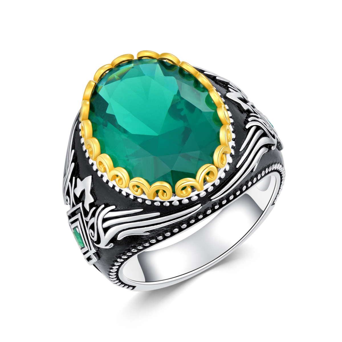 Bague de chevalière en argent sterling pour homme avec zircon cubique vert de forme ovale-1