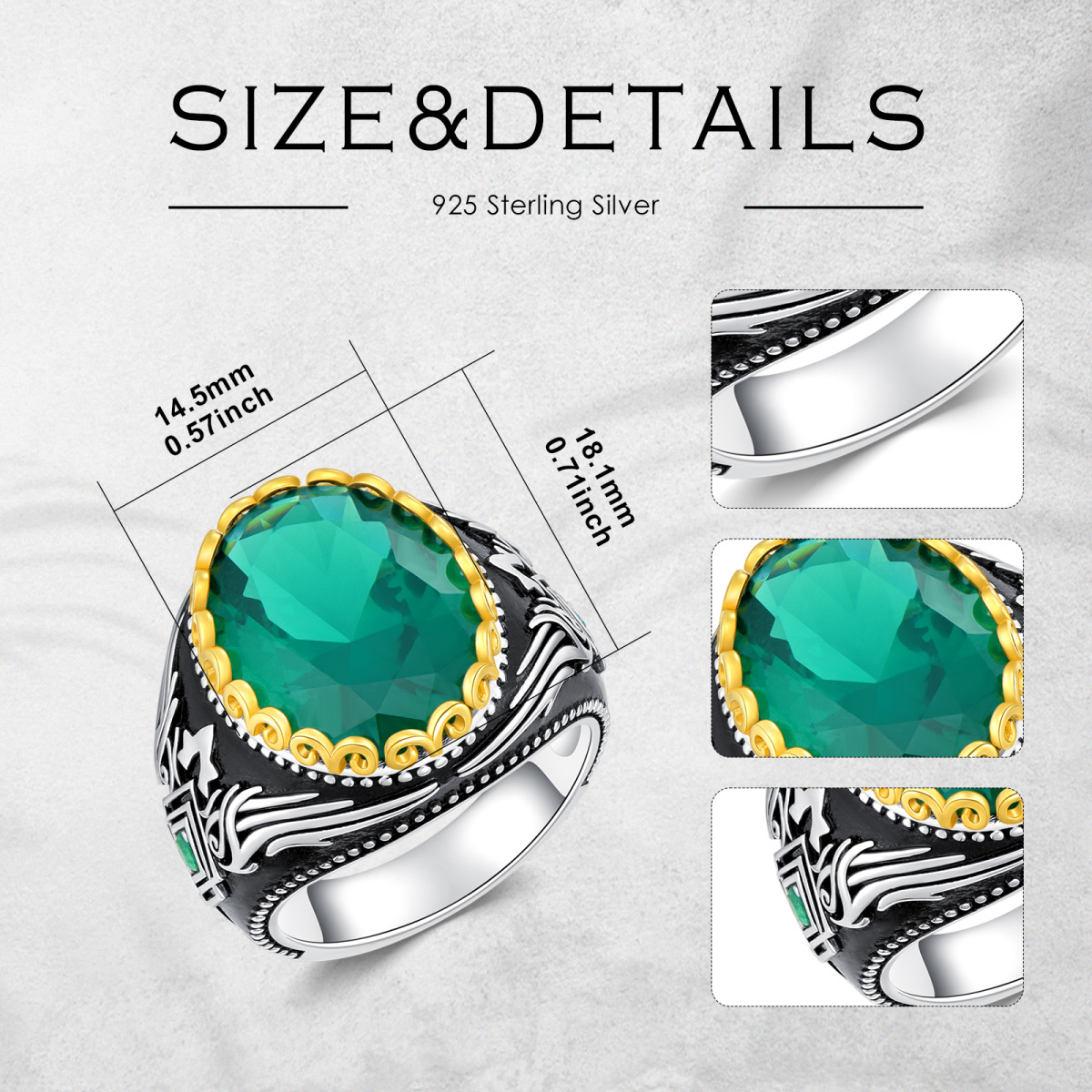 Sterling Silver Two-tone Oval Shaped Green Cubic Zirconia Signet Ring for Men-5