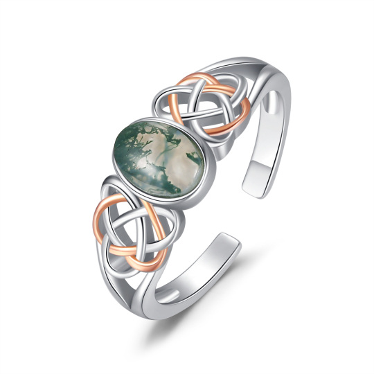 Sterling Silver Two-tone Oval Shaped Moss Agate Celtic Knot Open Ring