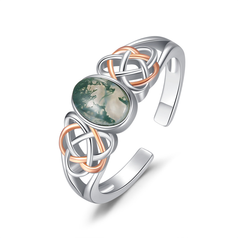 Sterling Silver Two-tone Oval Shaped Moss Agate Celtic Knot Open Ring-6