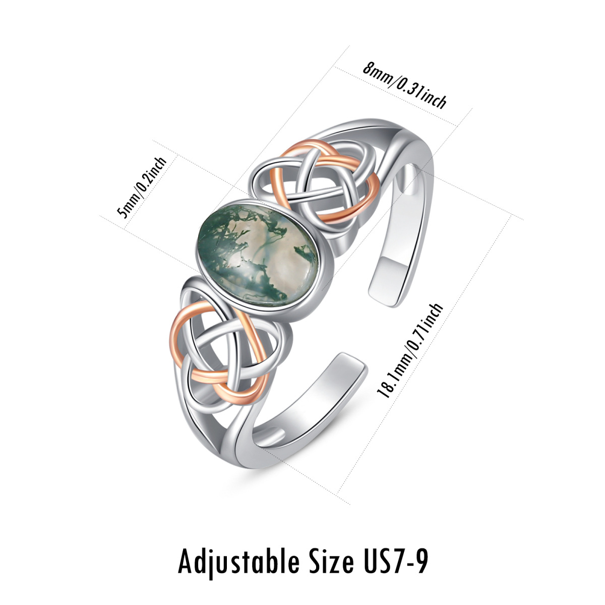 Prata esterlina Anel aberto com nó celta de ágata musgo em dois tons oval-5