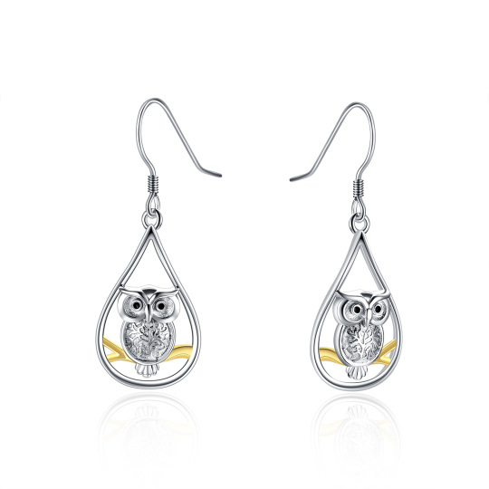 Sterling Silver Two-tone Owl Drop Earrings