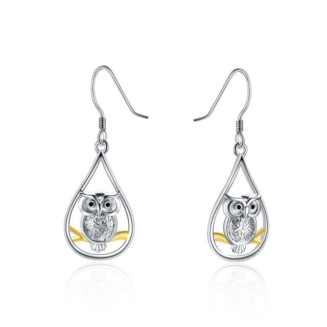 Pendants d'oreilles hibou en argent sterling bicolore-1