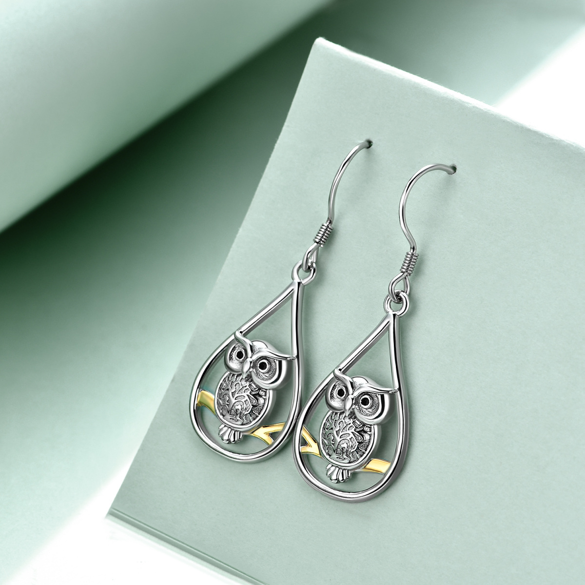 Pendants d'oreilles hibou en argent sterling bicolore-3