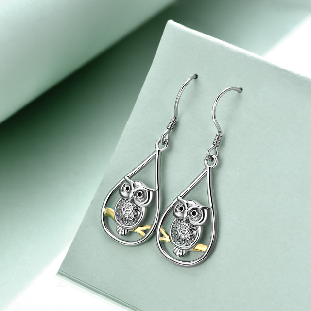 Sterling Silver Two-tone Owl Drop Earrings-3