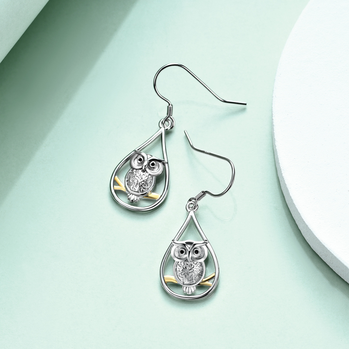 Sterling Silver Two-tone Owl Drop Earrings-4