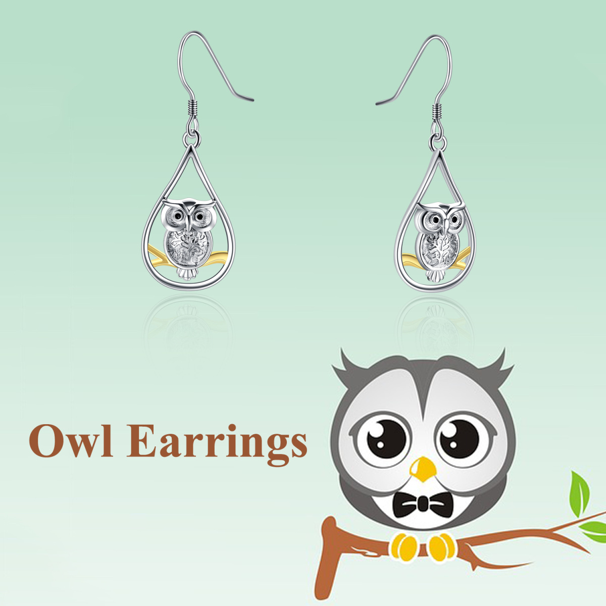 Sterling Silver Two-tone Owl Drop Earrings-6