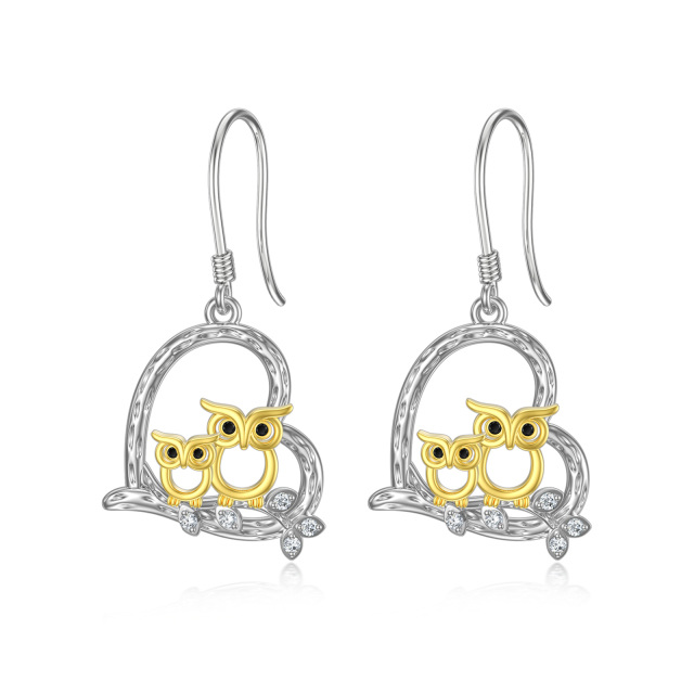 Pendants d'oreilles en argent sterling bicolores avec hibou et cœur-1